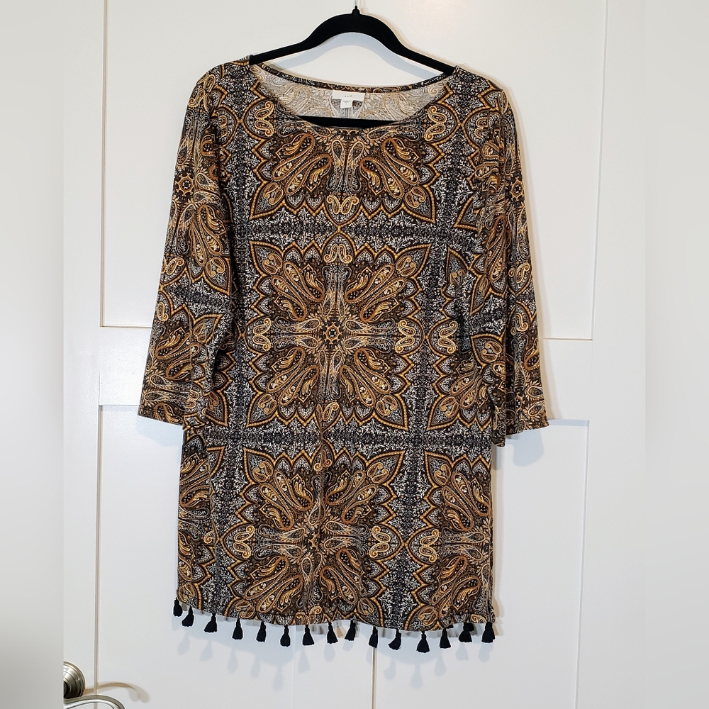J.Jill Paisley Tunic Top 60% Cotton 40% Modal Poms Tassel Hem Lightweight Large